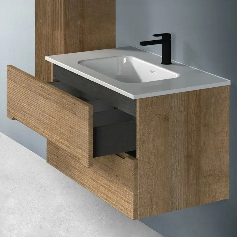 Mobile bagno sospeso 80 rovere cannettato 2 cassetti lavabo e specchio Rigo