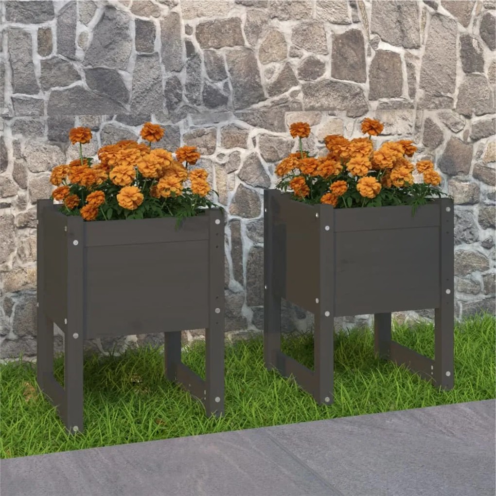 Fioriere 2 Pz Grigio 40x40x52,5 Cm İn Legno Massello Di Pino /