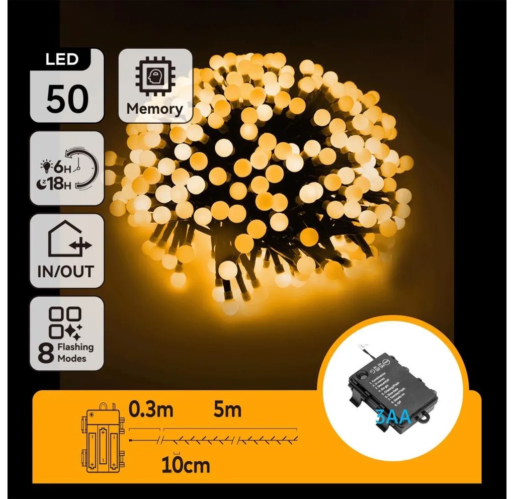 Aigostar - Catena LED natalizia da esterno 50xLED/8 funzioni 3xAA 5,3m IP44 bianco caldo