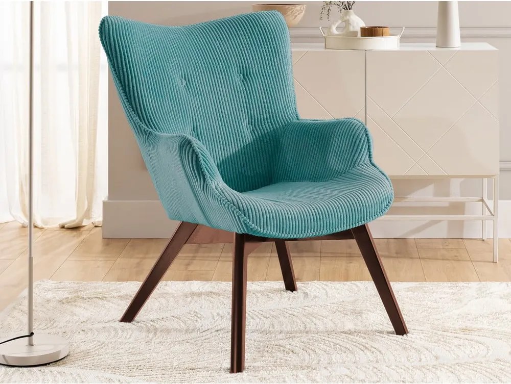 Poltrona con poggiapiedi turchese con rivestimento in velluto a coste Niko – Ropez