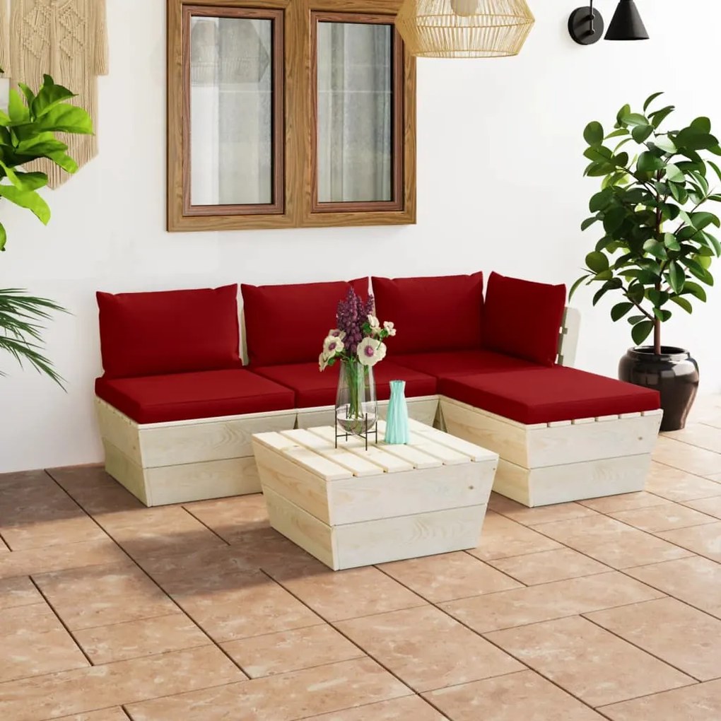 Set Divani da Giardino su Pallet 5 pz con Cuscini Legno Abete