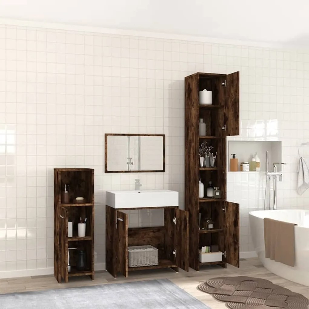 Set mobili da bagno 4 pz rovere fumo in legno multistrato