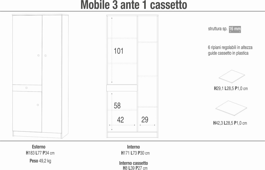 SPACER - armadio compatto con tre ante e un cassetto
