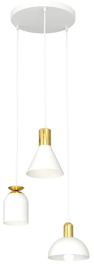 Lampadario 3 Luci Fox Base Tonda Acciaio E Paralumi Forme Varie Bianco Oro