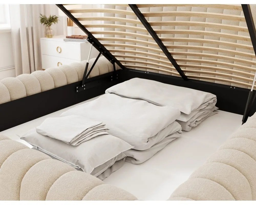 Letto matrimoniale imbottito beige con contenitore e rete inclusi 160x200 cm Carilla – ELTAP