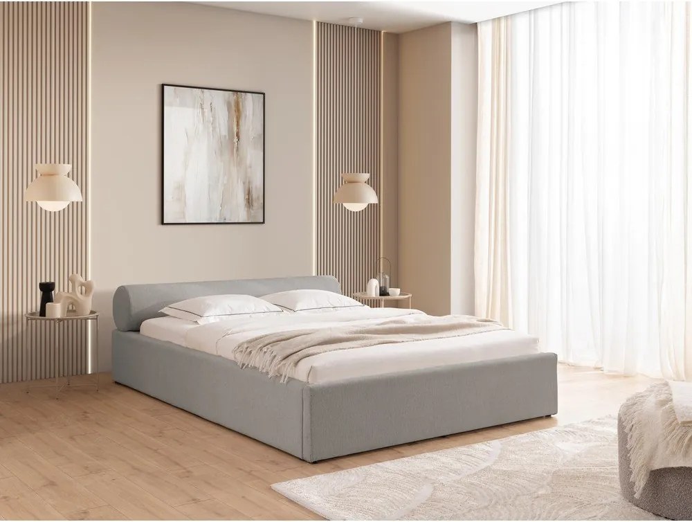 Letto matrimoniale imbottito grigio chiaro con contenitore con rete inclusa 180x200 cm Cille – Ropez