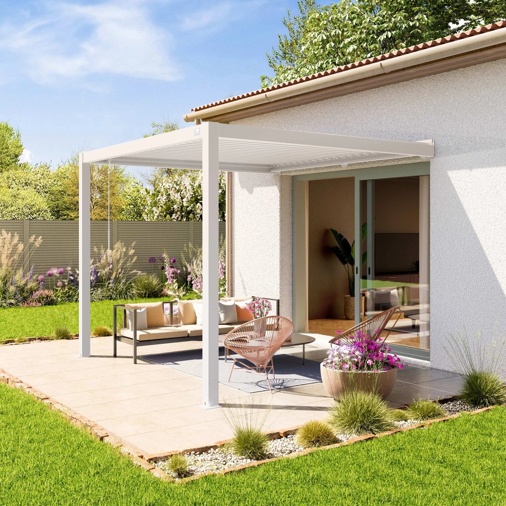 PRIMEYARD Pergola addossata in bianco 3x3 m, con tetto a lamelle in bianco - (400138)