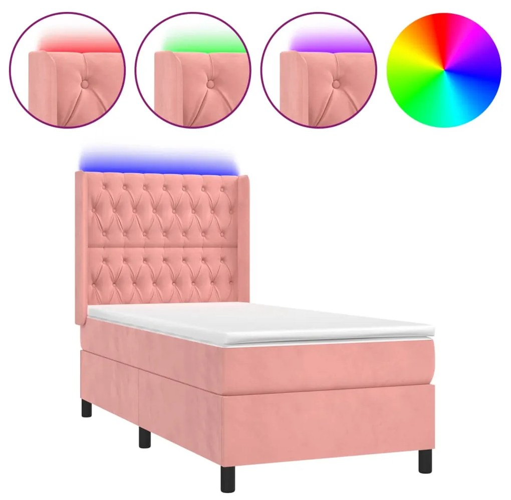 Letto a molle con materasso e led rosa 90x200 cm in velluto