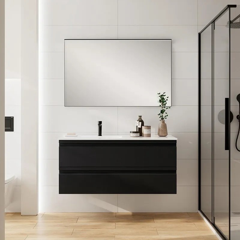Mobile Pull L120 H55 P45 grafite opaco laccato 2 cassetti a chiusura ammortizzata e lavabo in ceramica vasca SX, piedini non inclusi