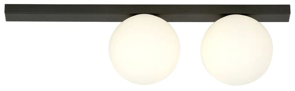 Plafoniera Moderna 2 Luci Giapeto Barra In Acciaio Nero E Sfere Di Vetro Opale