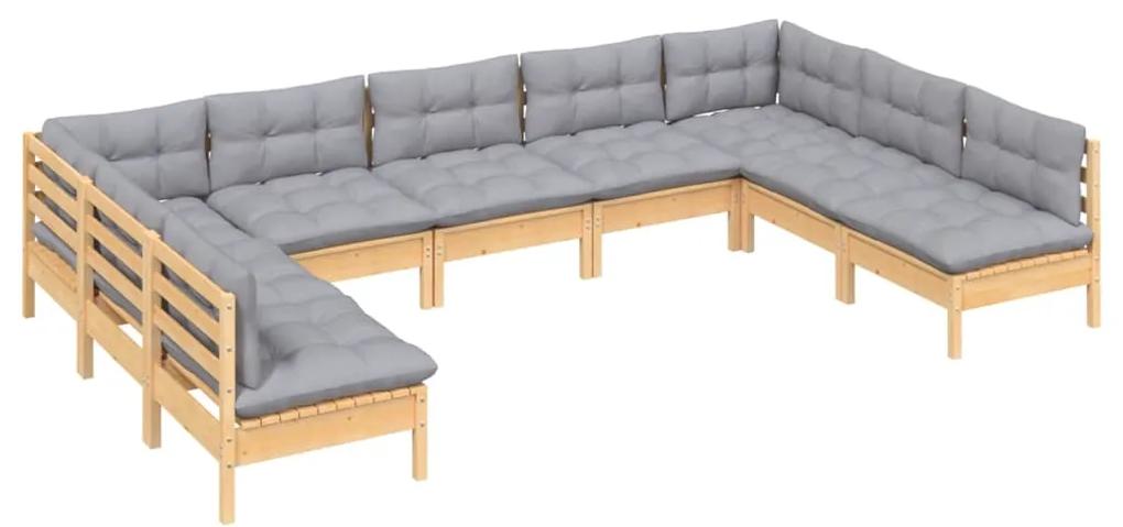 Set divani da giardino 9 pz con cuscini grigi massello di pino