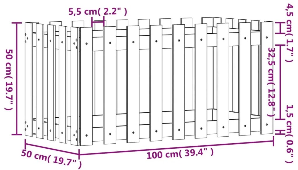 Fioriera da Giardino a Recinzione 100x50x50 cm in Massello Pino