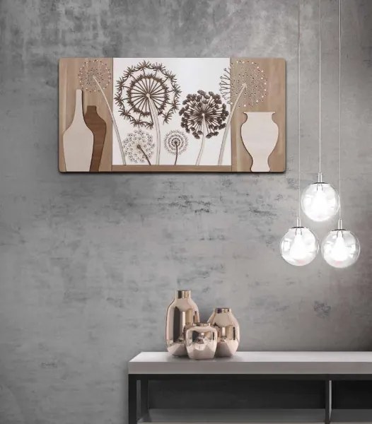 Quadro moderno 59x119 cm legni sovrapposti figura dente di leone