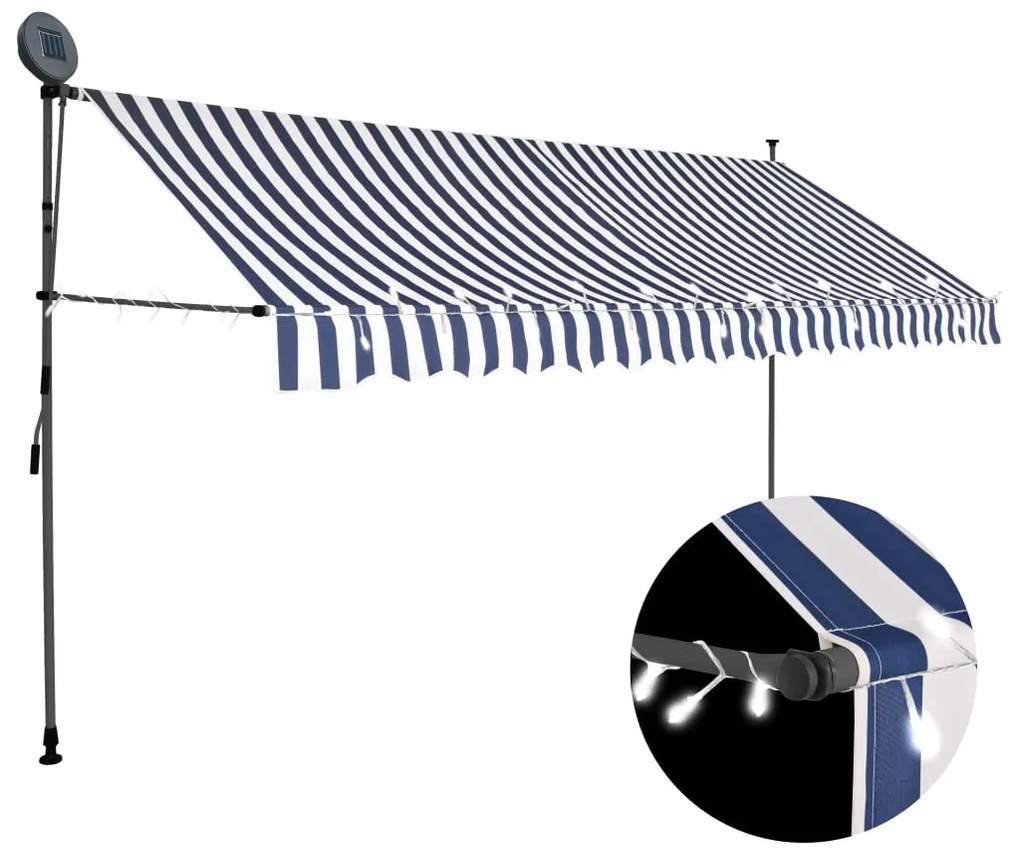 Tenda Da Sole Retrattile Manuale Con Led 350 Cm Blu E Bianca /