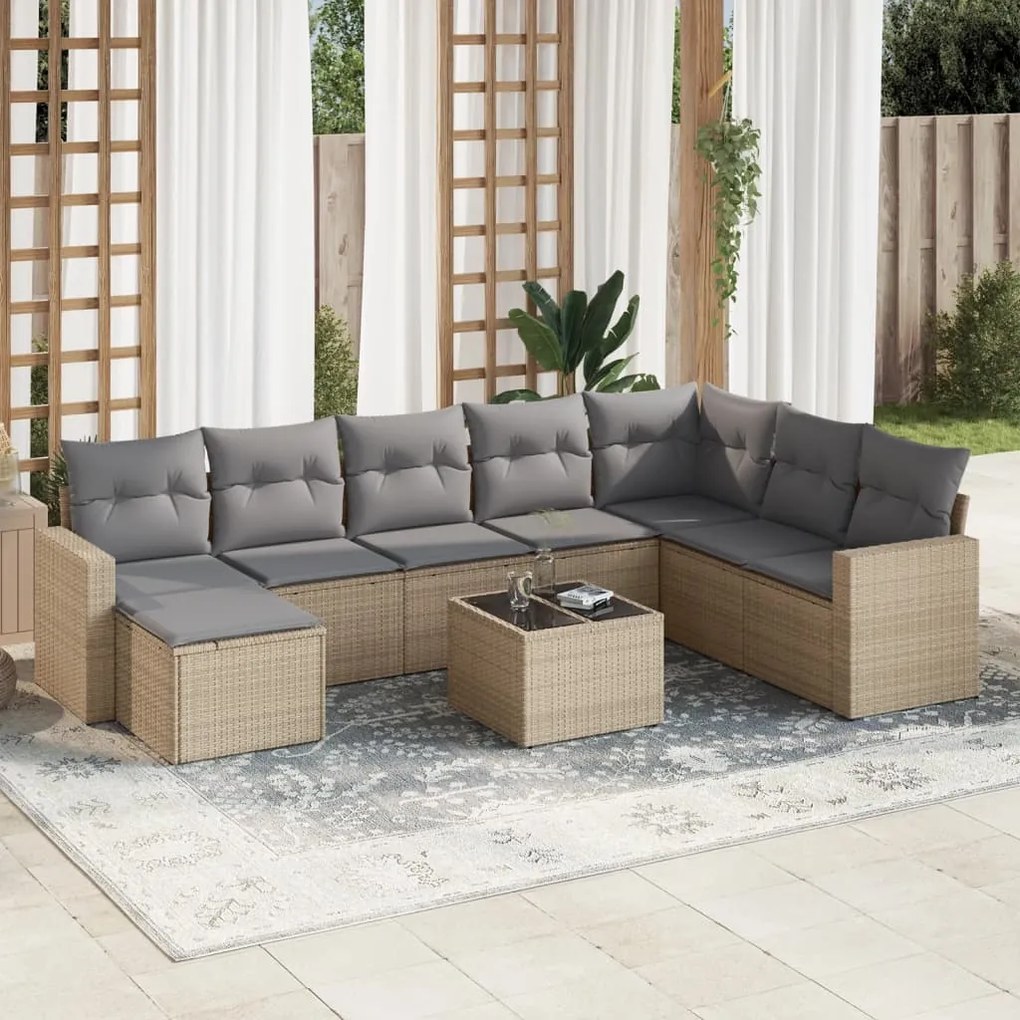 Set Divano da Giardino 9 pz con Cuscini Beige in Polyrattan