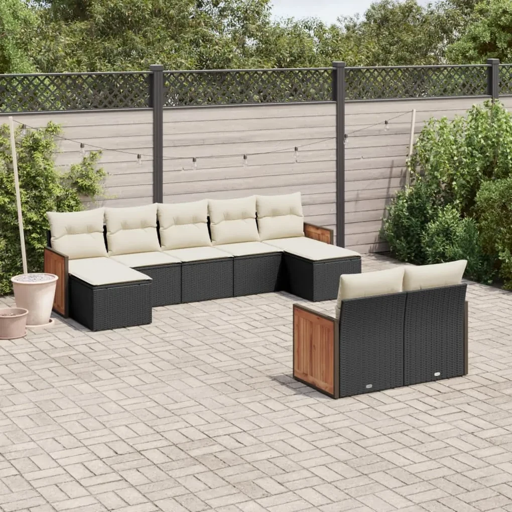 Set divani da giardino 9 pz con cuscini nero in polyrattan