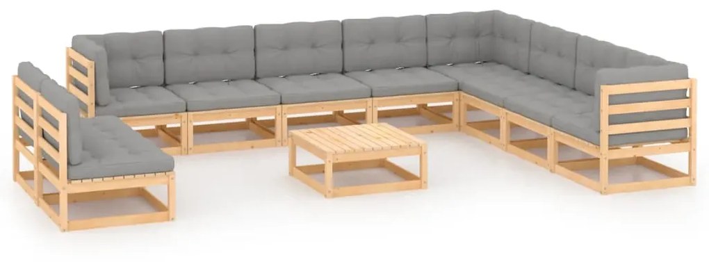 Set Divani Giardino 11 pz con Cuscini in Legno Massello di Pino