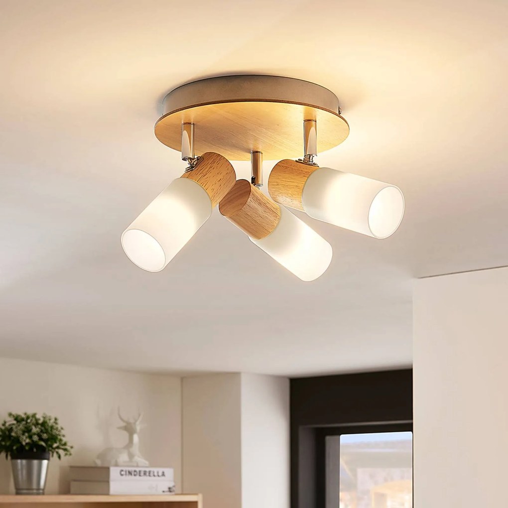 Faretto da soffitto Lindby Christoph, 20 cm, a 3 luci, legno, rondel Christoph Lindby, dimmerabile, Legno chiaro, Camera da letto, Legno, Campagna / Rustiche, Faretto