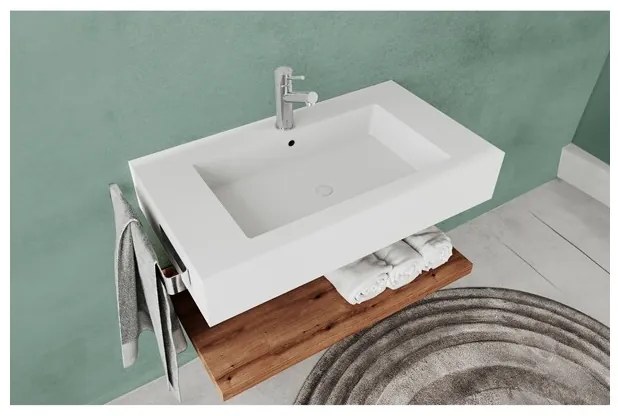 Lavabo Sospeso Bianco Opaco 100 Cm Con Mensola Effetto Legno E Specchio - Roma