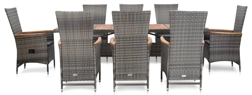 Set da pranzo da giardino 9 pz con cuscini in polyrattan grigio