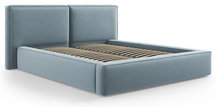 Letto matrimoniale imbottito azzurro in velluto con contenitore con rete inclusa 200x200 cm Arendal – Cosmopolitan Design