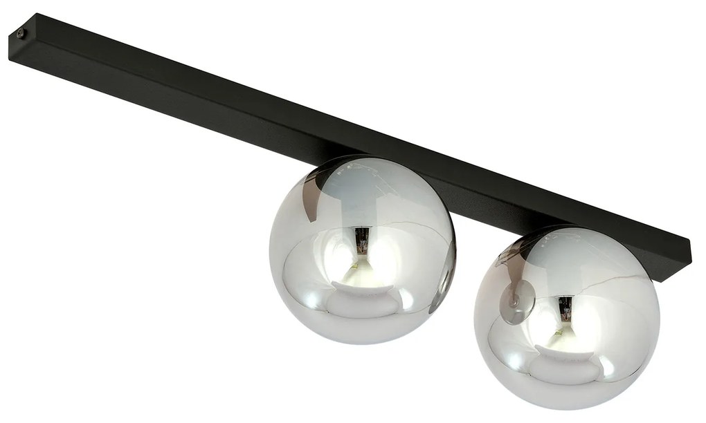 Plafoniera Moderna 2 Luci Giapeto Barra In Acciaio Nero E Sfere Di Vetro Fumè