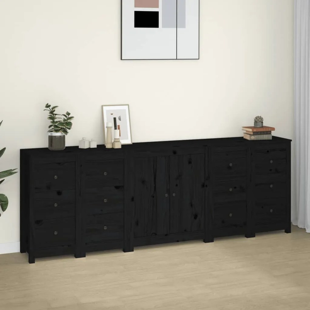 Credenza nera 230x35x80 cm in legno massello di pino