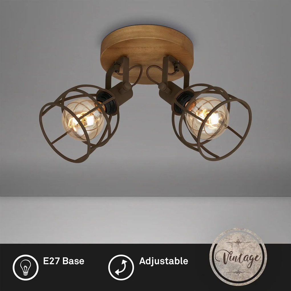 Plafoniera Vintage Korbo Metallo Ruggine Legno 2 Luci E27 Ip20