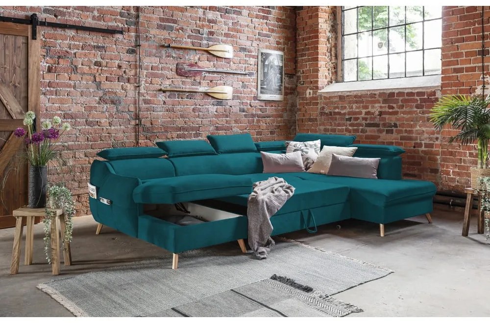 Divano letto angolare a U in velluto turchese (angolo destro) Sweet Harmony - Miuform