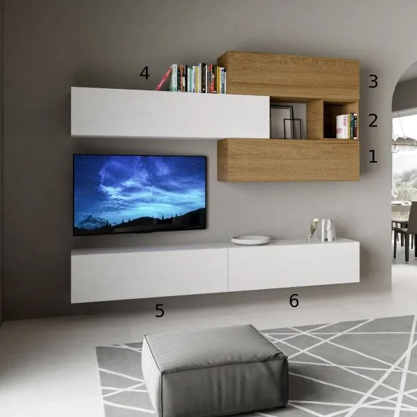 Parete soggiorno A116 L.268 P.39,5 Bianco e Quercia