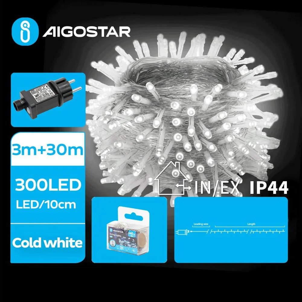 Aigostar - Catena luminosa LED per esterni, 300 LED, 8 funzioni, 33 m, IP44, bianco freddo
