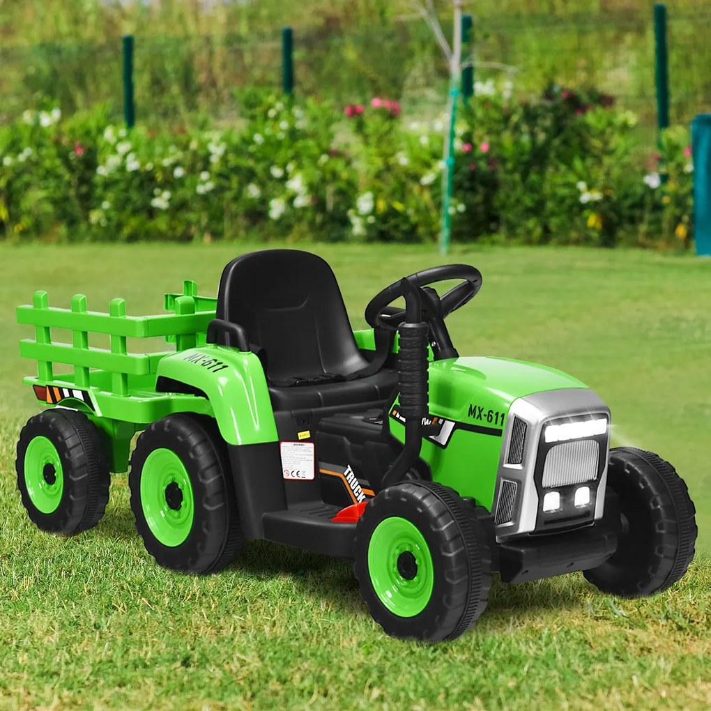 Costway Trattore con rimorchio 12 V per bambini, Giocattolo elettrico con 3 marce luci LED musica clacson Verde