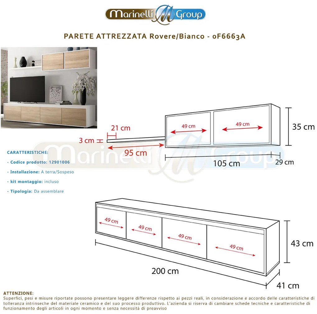 Parete attrezzata mobile TV pensile mensola rovere bianco 0F6663A