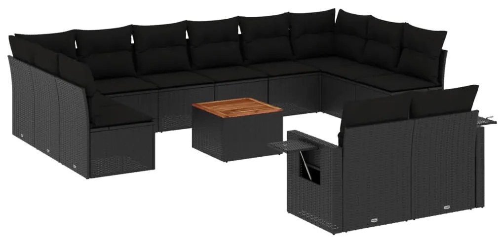 Set Divani da Giardino 13pz con Cuscini Nero in Polyrattan