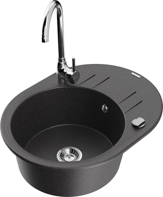 Mexen Kevin lavello da cucina in granito 1-vasca con scolapiatti e rubinetto Telma, nero puntinato - 6517-76-670200-00