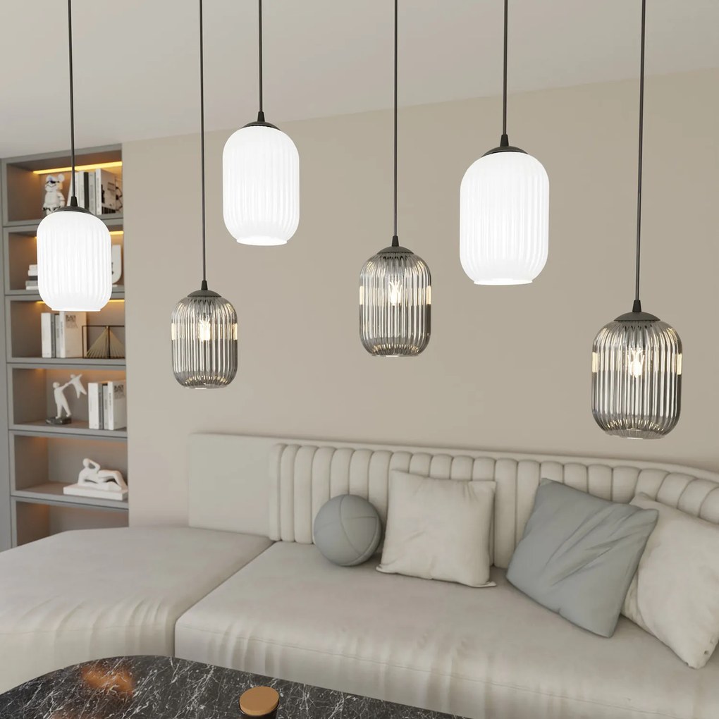 Lampadario 6 Luci Selene In Acciaio Nero E Vetri Plissettati In Bianco E Fumè