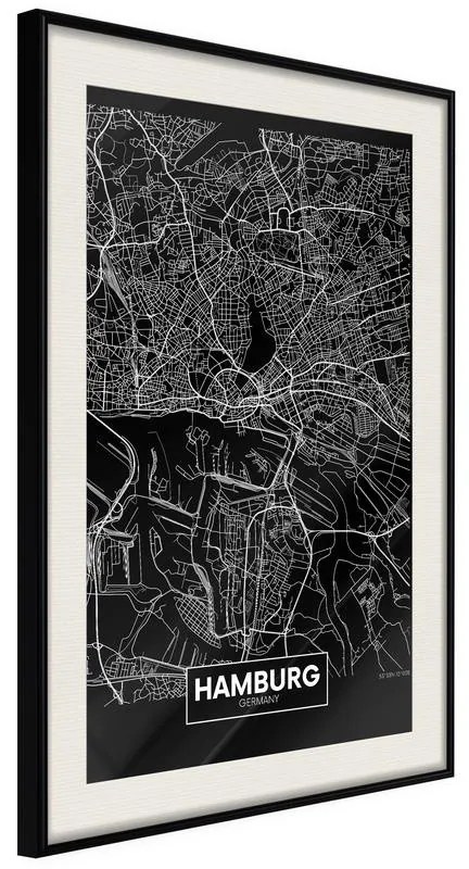 Poster  City Map: Hamburg (Dark)  Cornice Quadri Cornice nera con pass-partout, Larghezza x Altezza Home decor 30x45