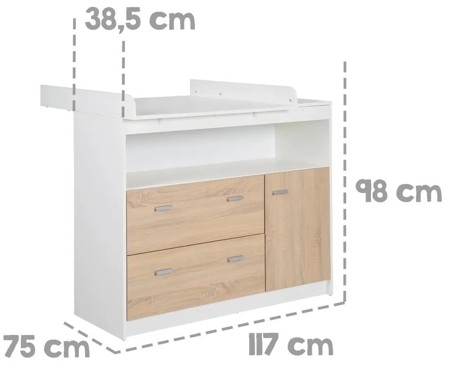 Cassettiera bassa per bambini in rovere con fasciatoio in bianco e naturale 117x98 cm Gabriella - Roba