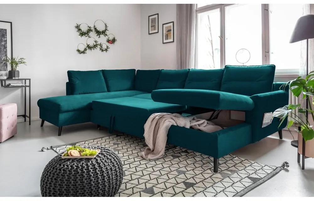Divano letto a U in velluto turchese, angolo sinistro Stylish Stan - Miuform