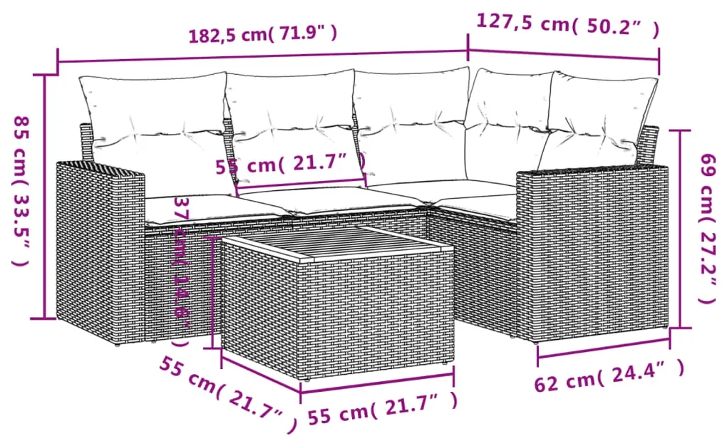 Set divano da giardino 5 pz con cuscini beige in polyrattan