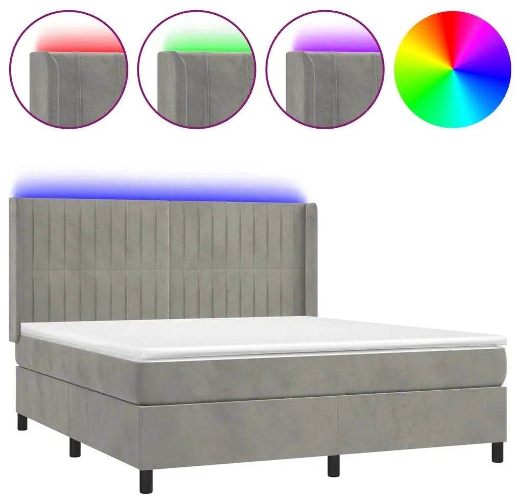 Letto a molle materasso e led grigio chiaro 180x200 cm velluto