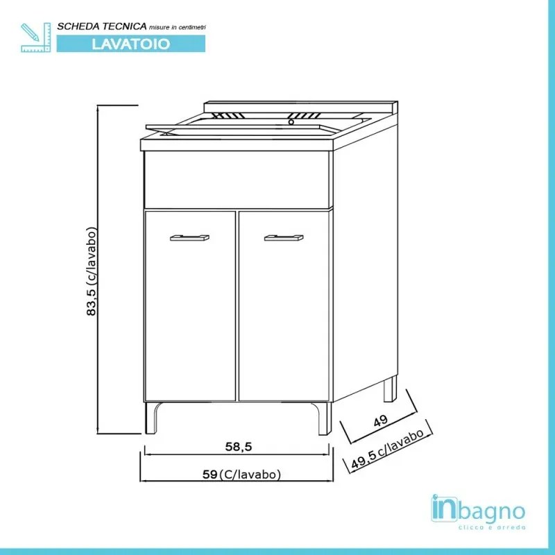 Mobile lavatoio bianco 60x50 cm vasca in resina e asse lavapanni Desya