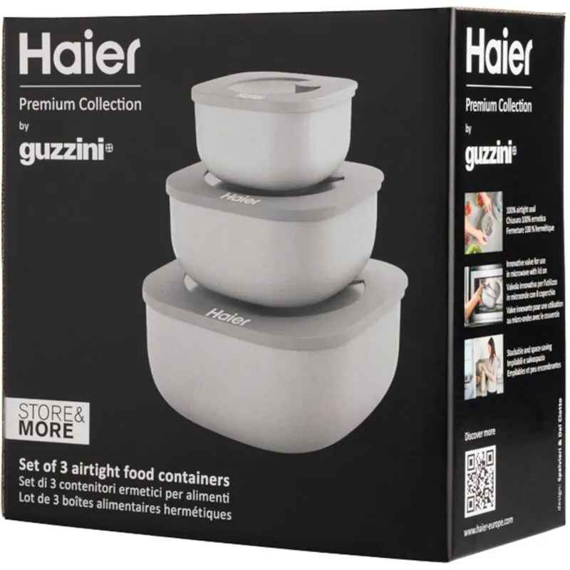 HAGSM4080 Set di Tre Contenitori Ermetici per Alimenti, Lavabile in Lavastoviglie, Utilizzabile in Frigorifero, Freezer e Microonde, 3 Dimensioni,