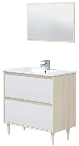 Mobile Bagno Da Terra 80 Cm Con Lavabo E Specchio Verona Bianco E Rovere