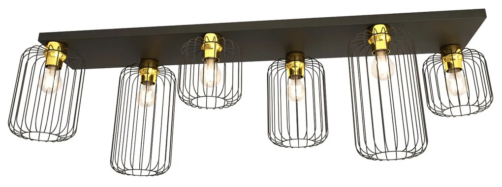 Plafonriera Minimal Industrial Vulcano 6 Luci Lineari Nera E Oro