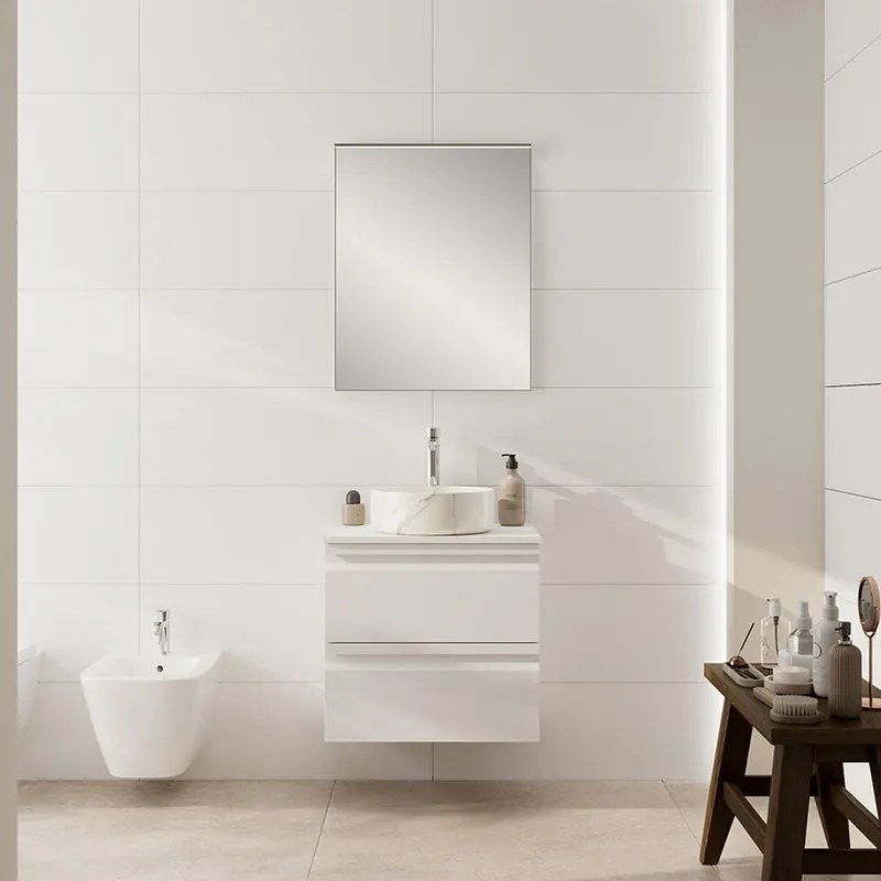 Mobile Pull L60 H55 P45 bianco opaco laccato 2 cassetti a chiusura ammortizzata e TOP per lavabo,piedini non inclusi