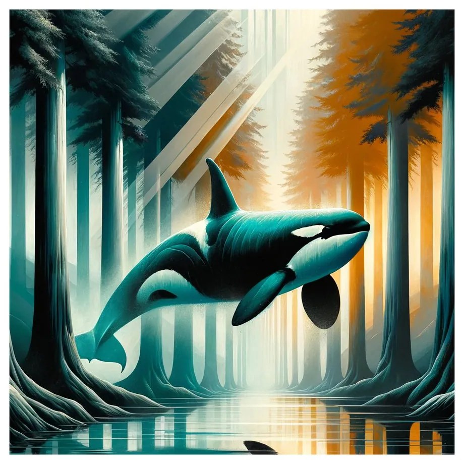 Quadro su tela – Foresta luminosa e orca