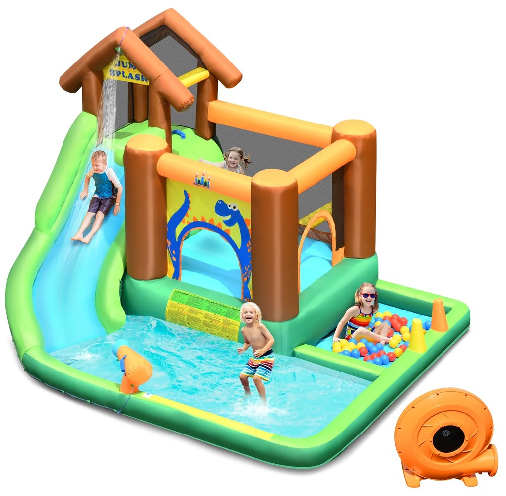 Costway Parco acquatico gonfiabile con scivolo e compressore, Scivolo gonfiabile con piscina per interno ed esterno