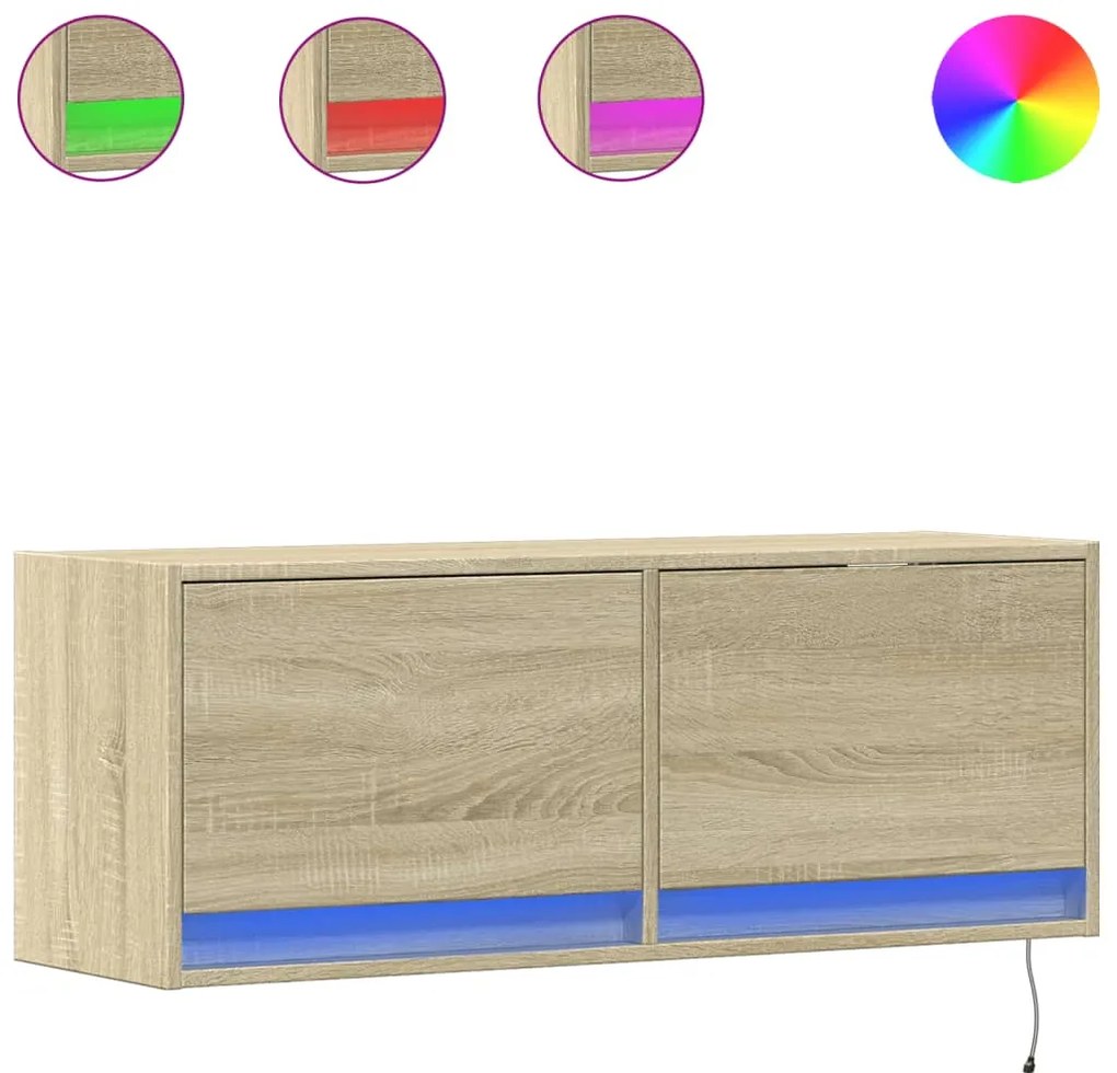 Mobile tv a parete con luci led rovere sonoma 100x31x35 cm