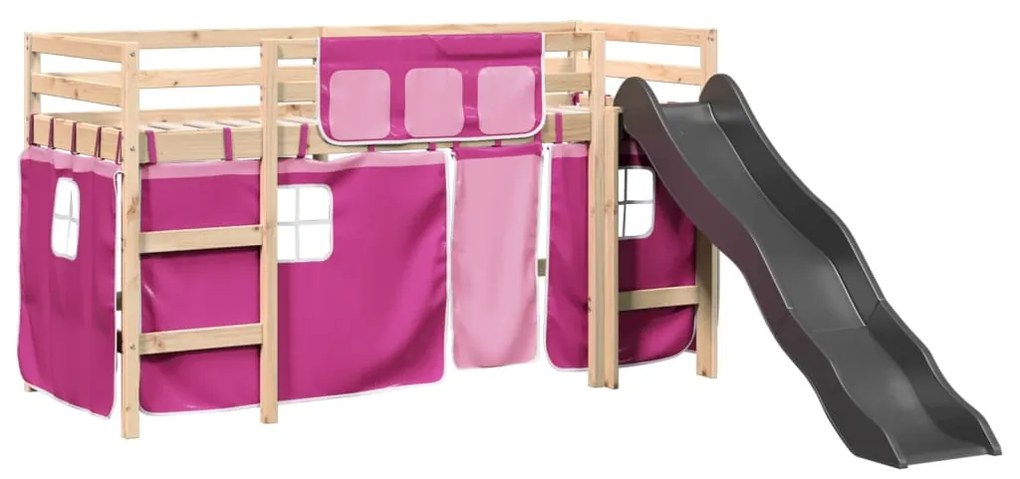 Letto a soppalco con tende bambini rosa 90x200 cm massello pino